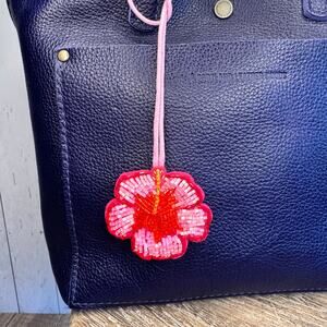 Pink Hibiscus Flower Bag Charm Spring Flowers Tropical  Purse Charm Beaded Charm